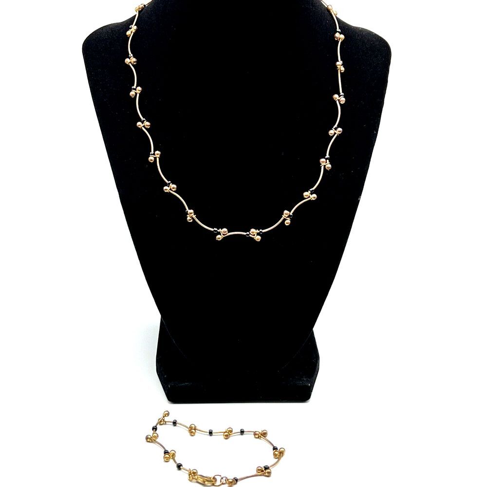 Vtg Gold Toned Scalloped Wave Ball Curved Link‎ Bead Chain Necklace & Bracelet